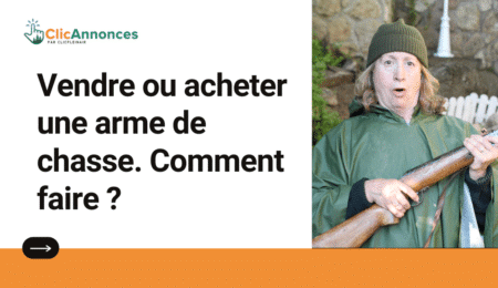 une dame qui tient une arme à feu dans ses mains et un texte qui dirige vers un article faq sur comment vendre et acheter une arme à feu usagée