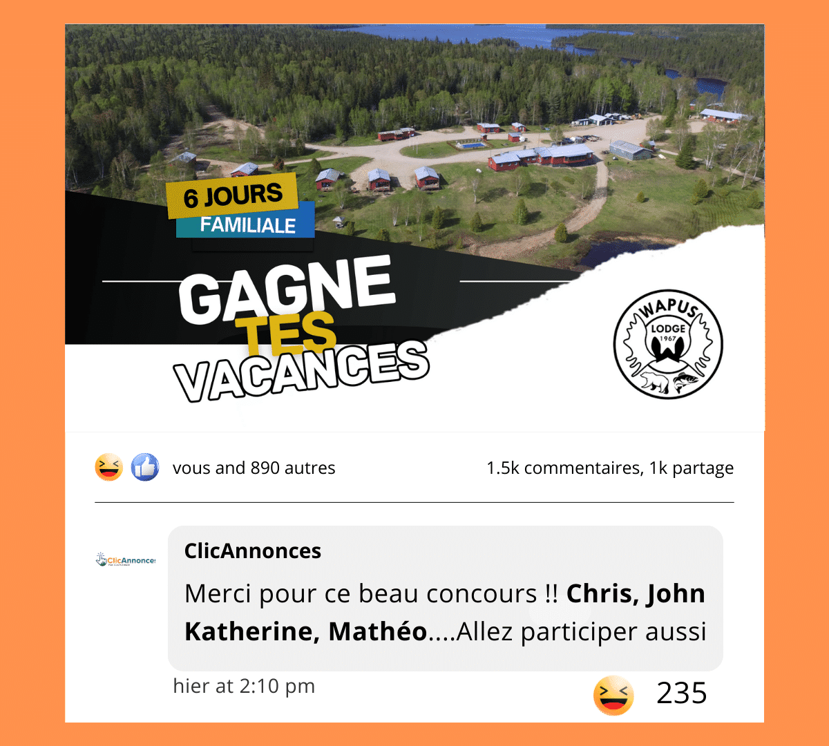 Gagne ton voyage de pêche à la Pourvoirie le Pavillon Wapus - Cours la chance de gagner un voyage en forfait familial ou couple à la POURVOIRIE PAVILLON WAPUS. - $ à vendre sur le site d'annonces classées Clicannonces.ca