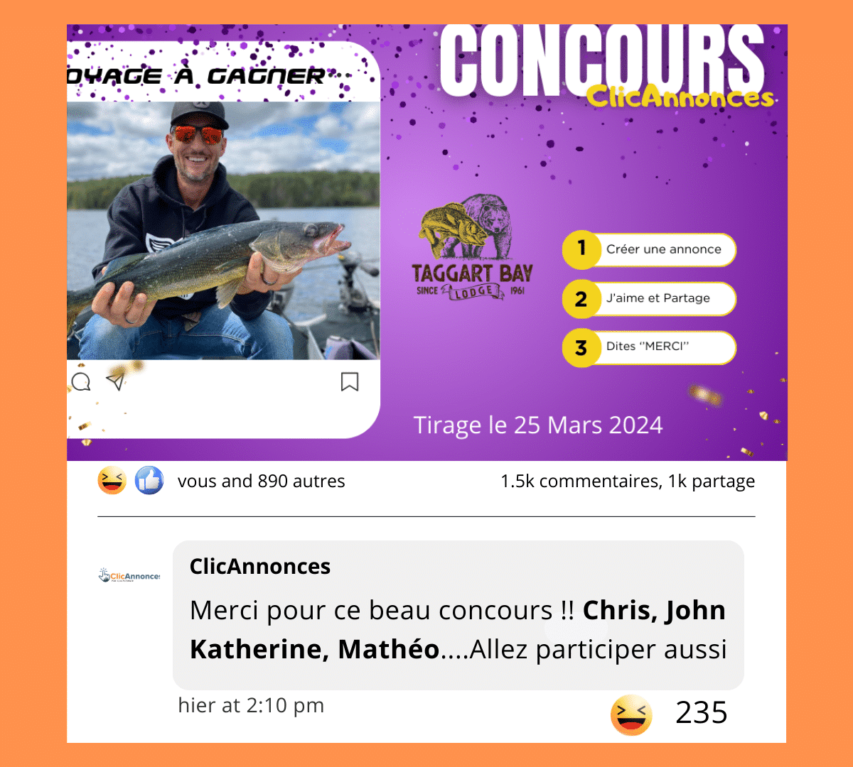 Gagne ton voyage de pêche à la Pourvoirie Taggart Bay Lodge - Un forfait de 3 jours à la Pourvoirie Taggart Bary Lodge pour 2 personnes. - $ à vendre sur le site d'annonces classées Clicannonces.ca