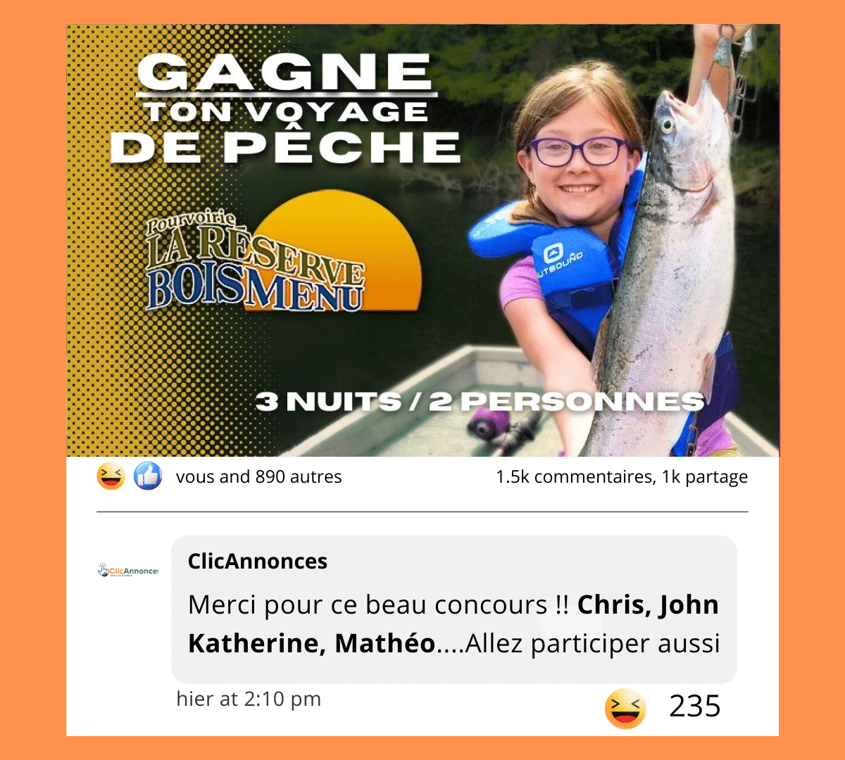 Gagne ton voyage de pêche à la Pourvoirie La Réserve Boismenu - Un forfait de 3 jours à la Pourvoirie La Réserve Boismenu pour 2 personnes. - $ à vendre sur le site d'annonces classées Clicannonces.ca
