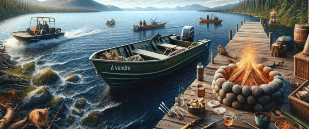 boutiques chasse et pêche de produits usagées sur un site d'annonces classées. l'image représente des bateaux, des pecheurs et de l'équipements depêche sur le bord d'un lac du québec
