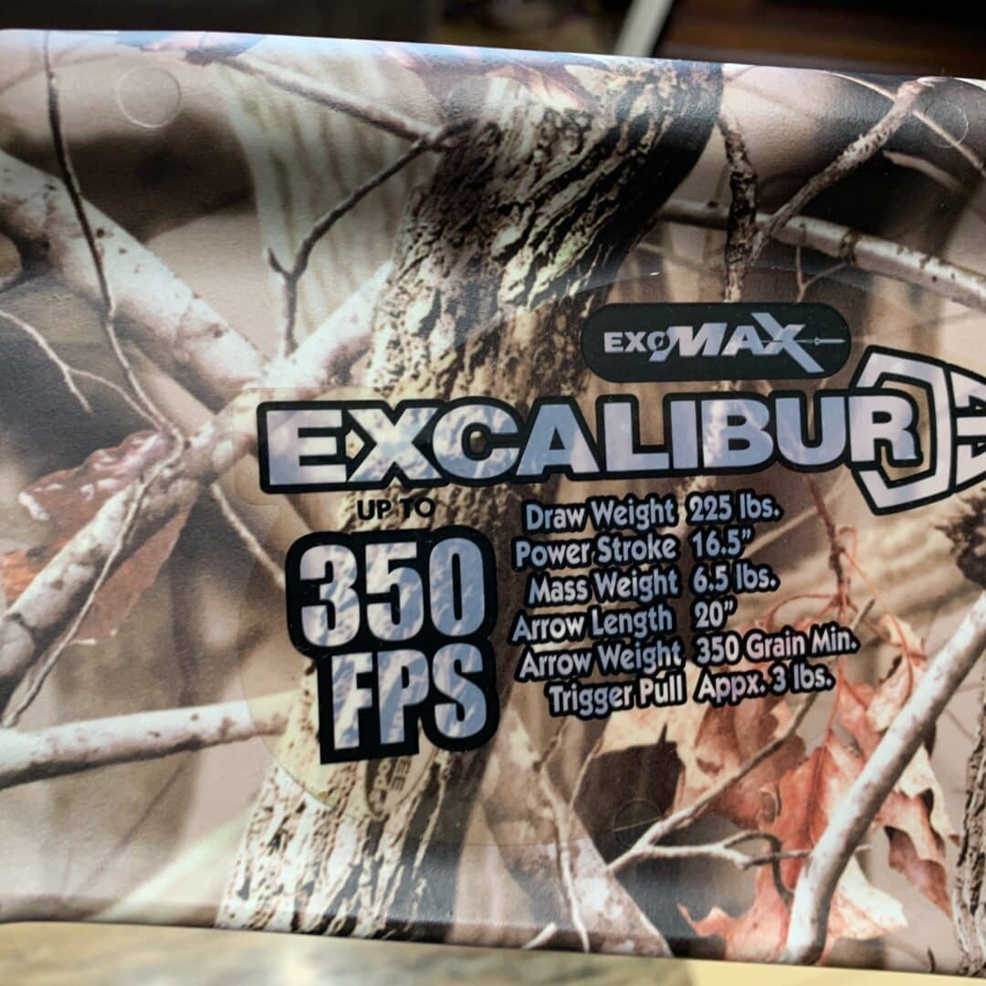 ARBALETE EXCALIBUR EXOMAX 350 PIED/SEC 225 LBS CAMOUFLAGE REALTREE. EN EXCELLENTE CONDITION