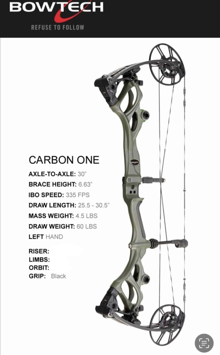 Arc BOWTECH Carbon One (Gauchère) et équipement.