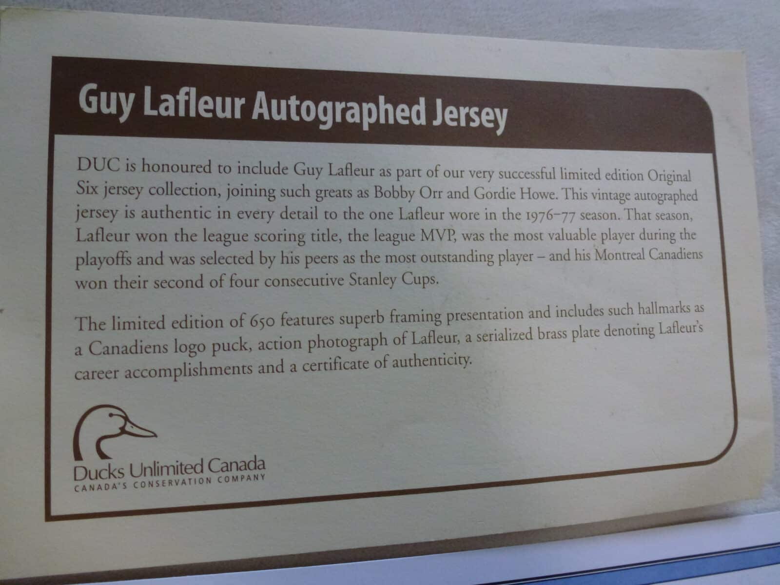 FREE SHIPPING*503/650 chandail autograp.Guy Lafleur Duck Unlimited