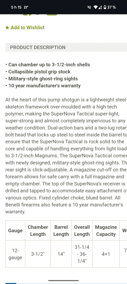 Benelli Supernova tactical Pistol grip