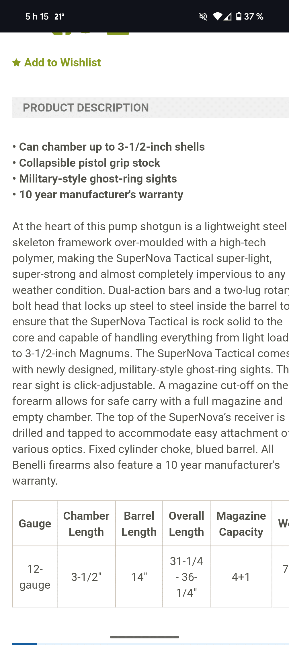 Benelli Supernova tactical Pistol grip