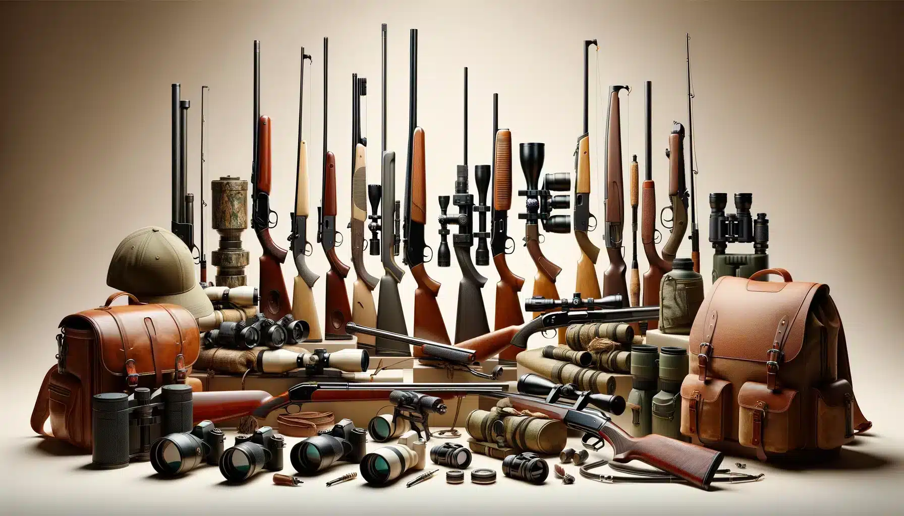 Collection diversifiée d'équipement de chasse et de pêche, y compris des armes à feu, cannes à pêche, et accessoires de plein air, disposés artistiquement.